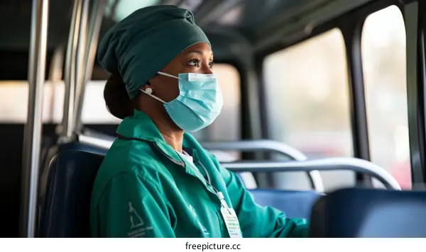 A female healthcare worker wearing a mask on a bus