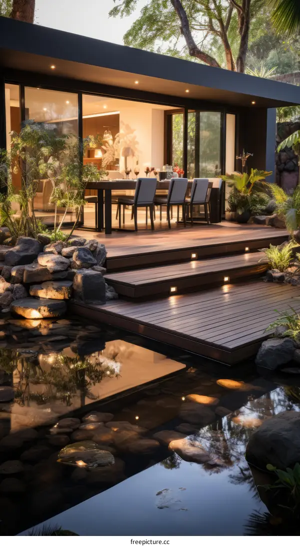 Modern house with a beautiful terrace and a pond