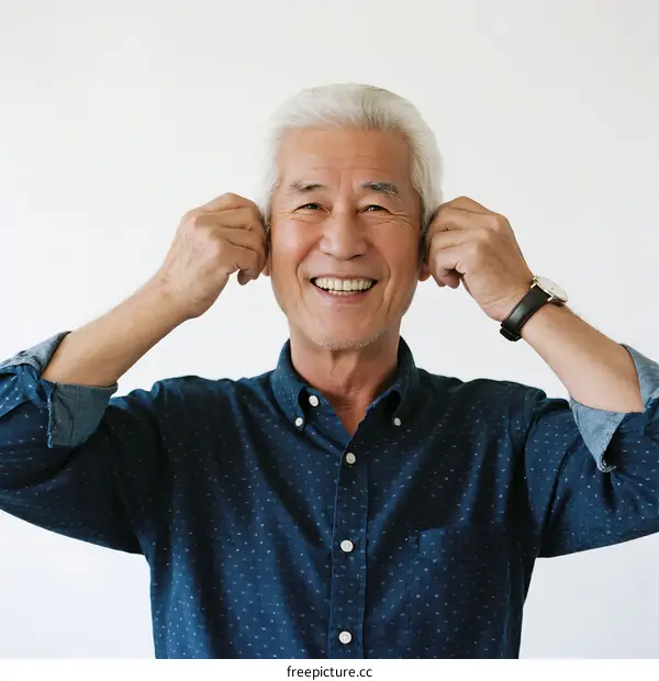 Elderly man with white hair smiling and covering ears