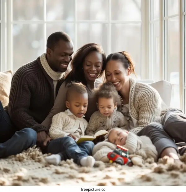 A happy family of five is sitting on a couch and reading a book together.