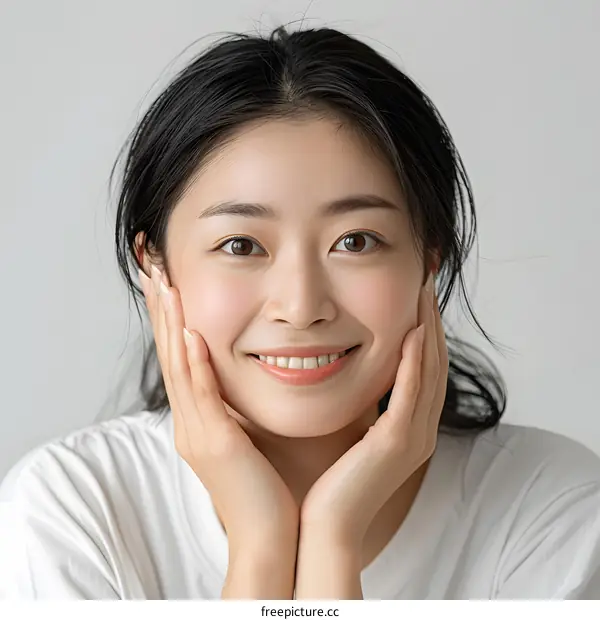 Portrait of a Smiling Asian Woman With Her Hands on Her Cheeks