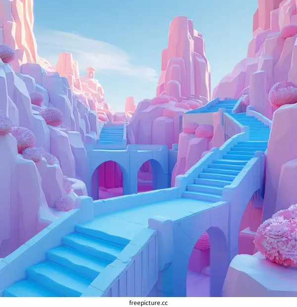 A beautiful landscape with pink and blue rocks and a staircase leading to a tower