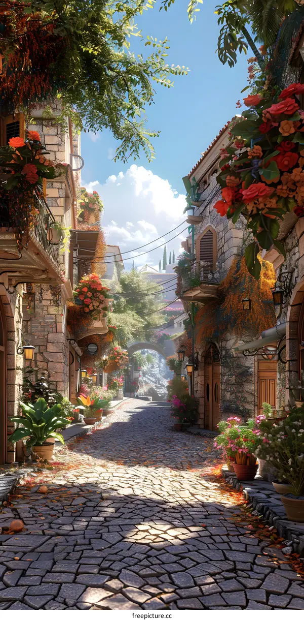 Charming Cobblestone Street in Bloom