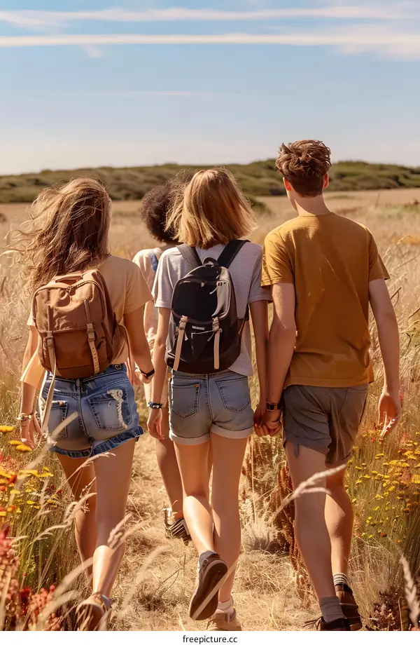 Friends Hiking In The Grass