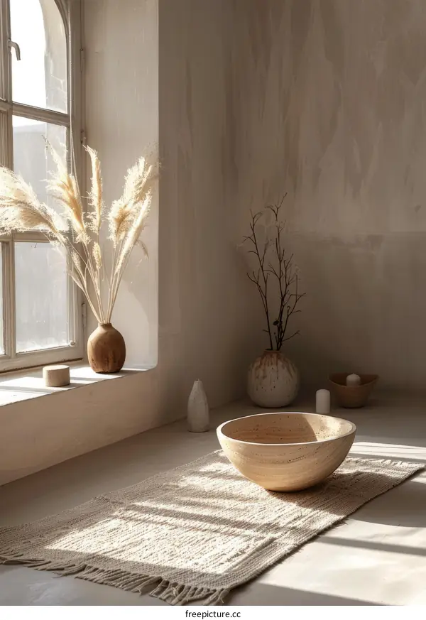 A Wooden Bowl On a Woven Rug In Front of a Large Window