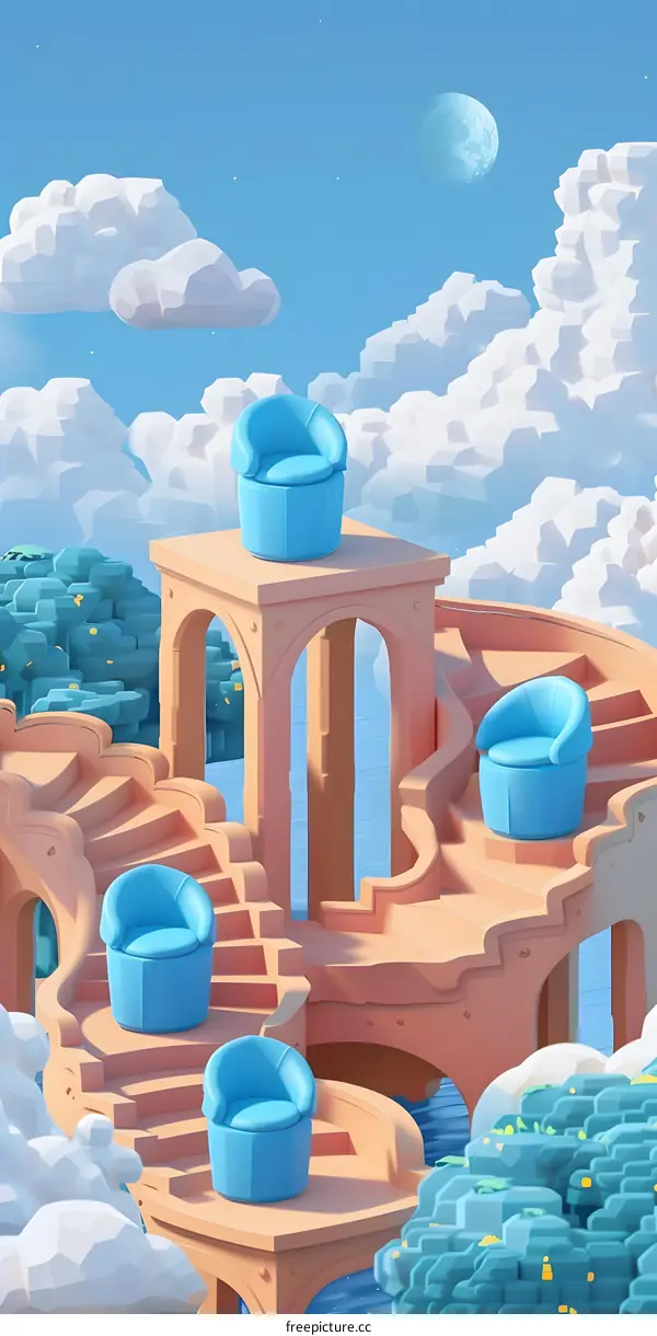 Abstract 3D Illustration of a Fantasy Staircase with Blue Chairs and Clouds