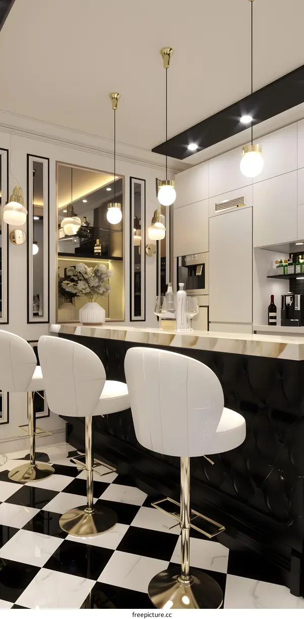 Modern Kitchen Interior Design with Black and White Checkered Floor