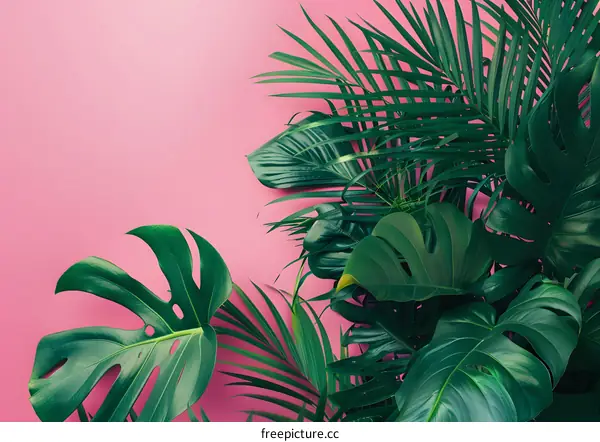 Tropical Leaves on Pink Background