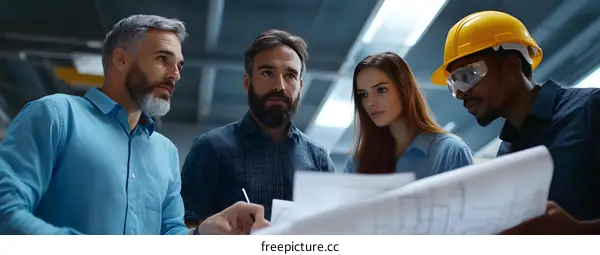 Team of Engineers Discussing Blueprint for Building Construction