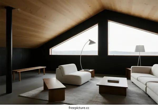 Modern minimalist living room with large windows and wooden elements