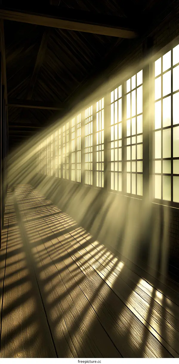 Sunlight Streaming Through Windows in Old Wooden Building
