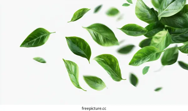 Green Leaves Falling Against a White Background