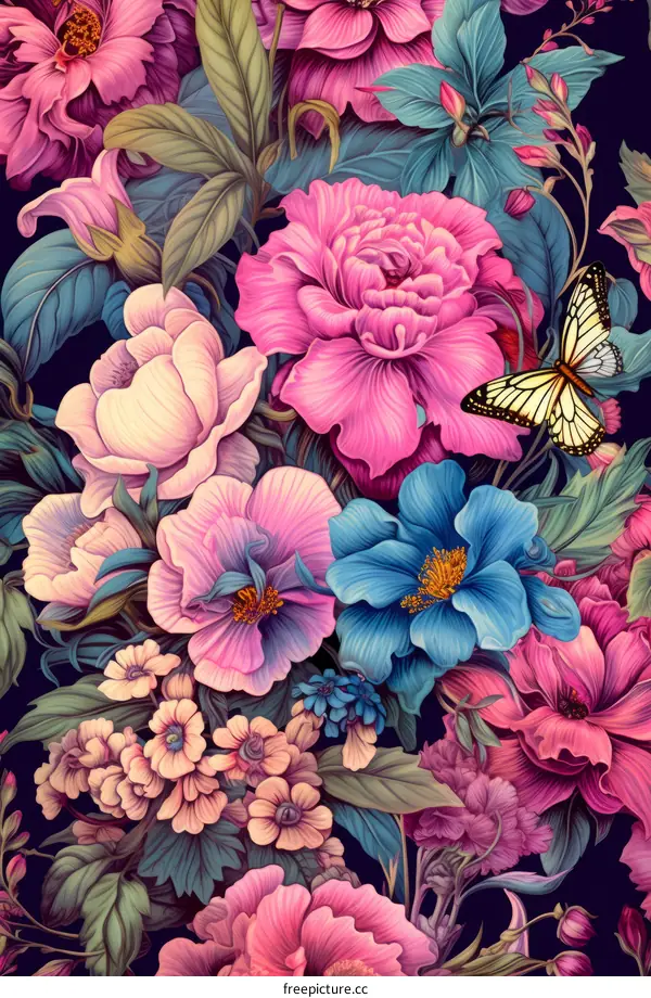 Pink and Blue Floral Bouquet with Yellow Butterfly