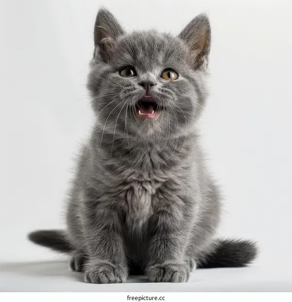 British Shorthair kitten sitting and looking at the camera with its mouth open