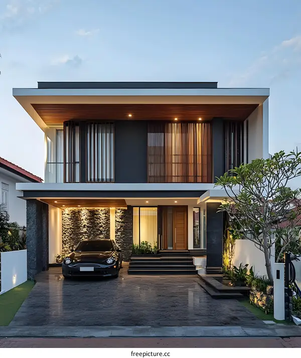 Modern House Design With Black Car In Front
