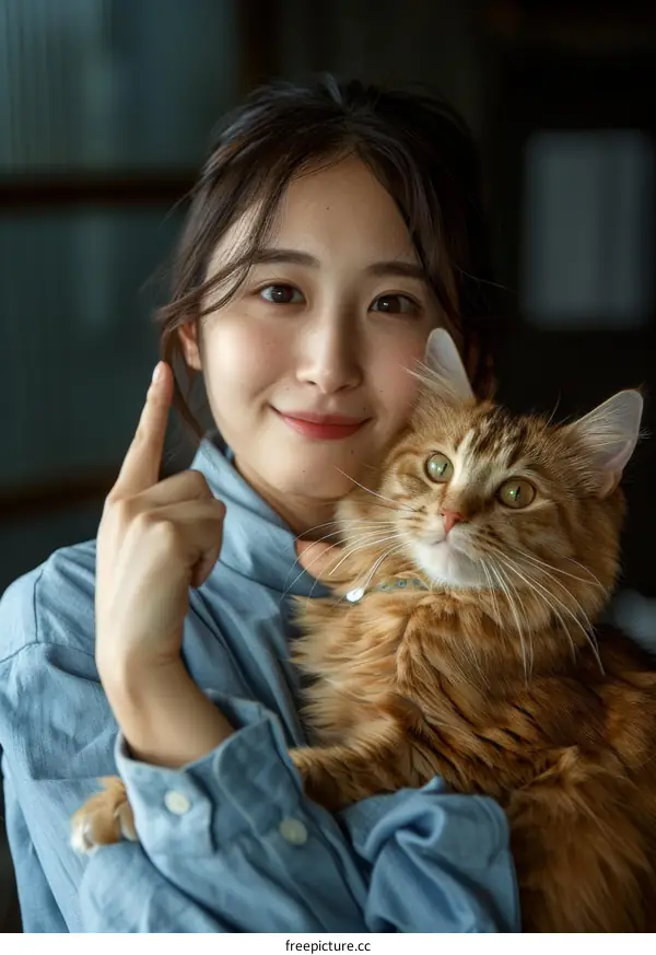 A young woman is holding a cat and smiling at the camera