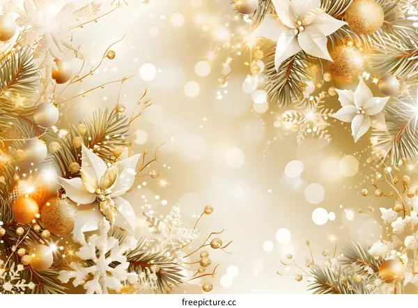 Christmas and New Year background with golden balls, snowflakes, and poinsettias