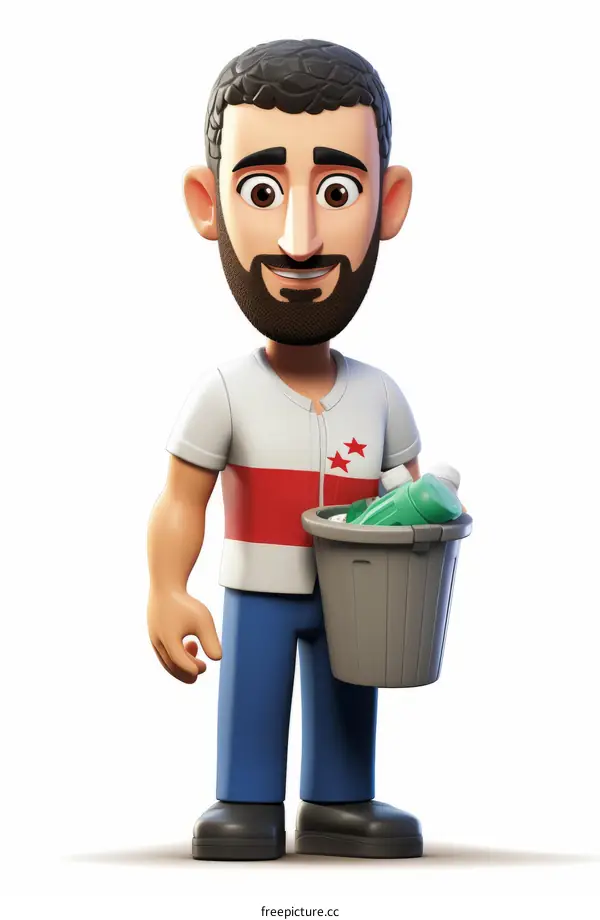 Cartoon Man with Beard Holding Trash Can for a Clean World