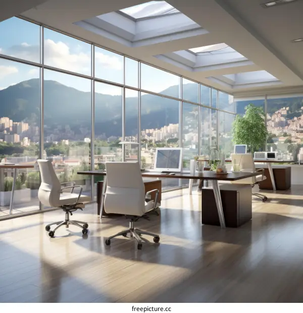Modern office interior with large windows and a view of the city