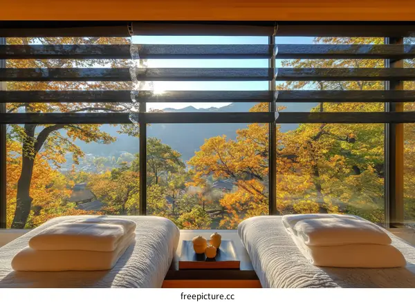 Autumn Scenery From a Panoramic Window with Twin Beds