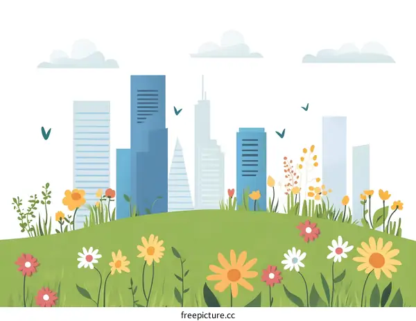 Cityscape Illustration With Green Grass And Flowers