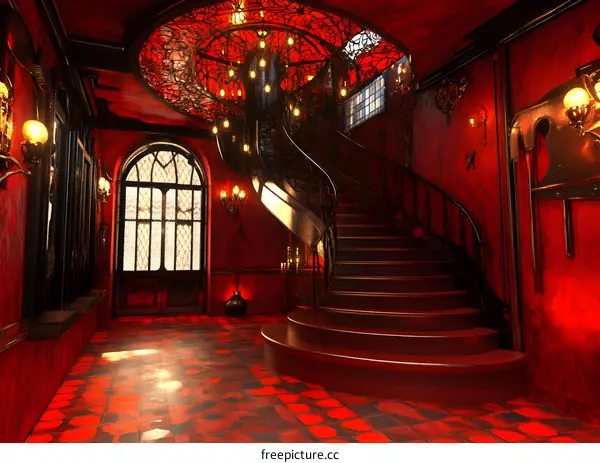 Red Interior with Staircase and Glass Chandelier