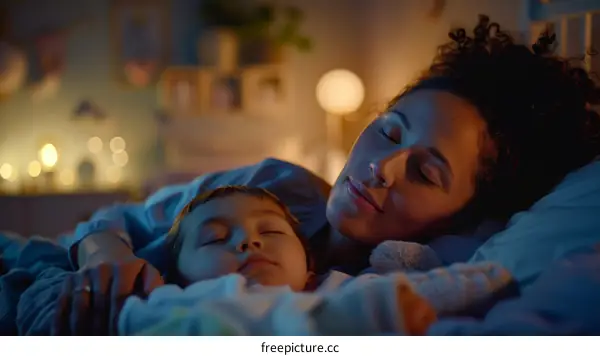 Mother and child sleeping peacefully in bed at night