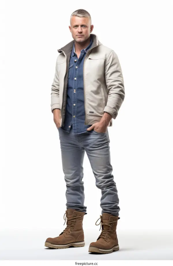 A man wearing a white jacket, blue jeans, and brown boots
