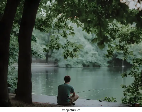 Man Fishing by a Lake in a Green Forest