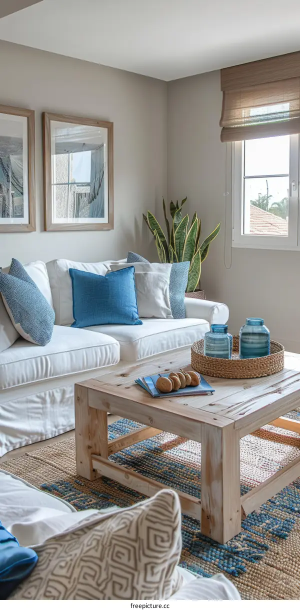 Bright living room with white sofa and blue throw pillows