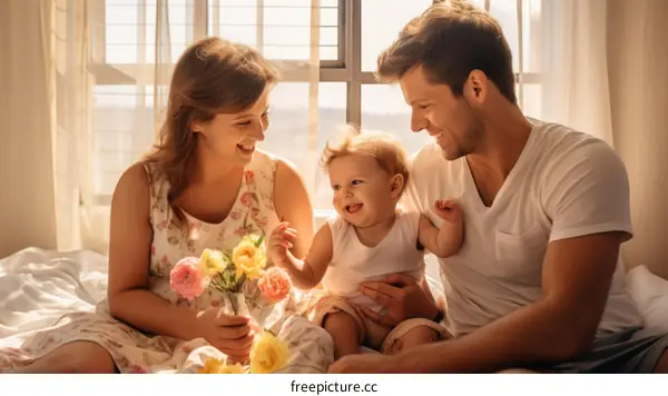 A happy family of three sitting on a bed