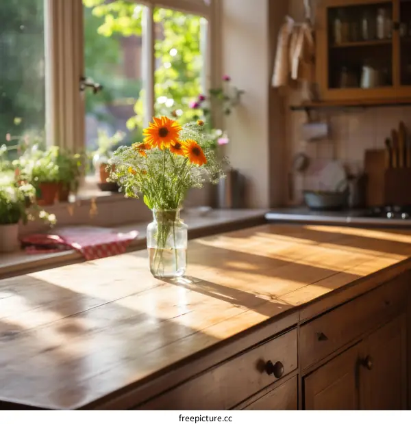 Rustic Country Kitchen Still Life with Flowers on a Wooden Table