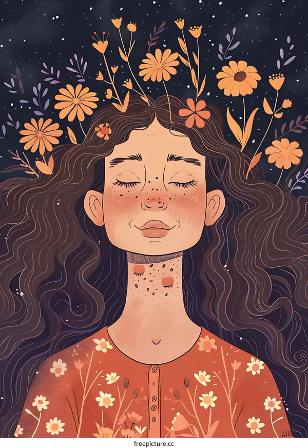 Girl With Flowers in Her Hair Illustration