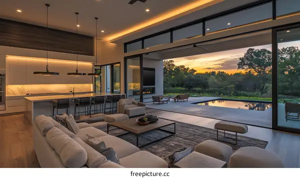 Modern Open-Plan Living Area with Sunset View