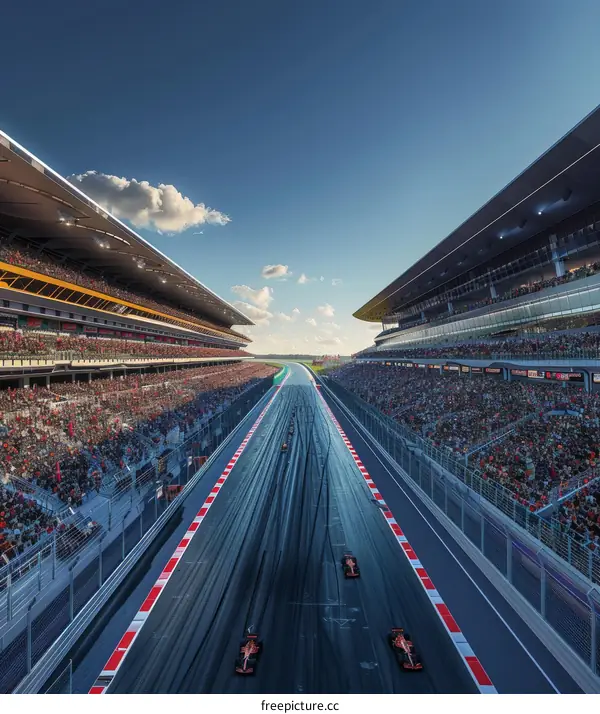 Formula One cars racing on a track with spectators in the stands