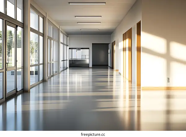 Empty School Corridor Interior Design With Large Windows And Sun Light