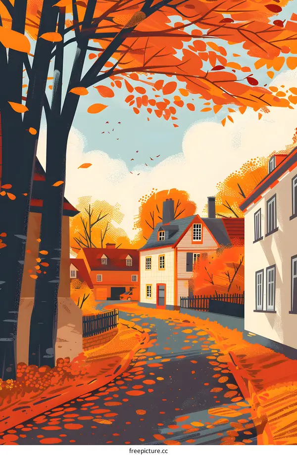 Autumn Scene with Colorful Leaves and Houses