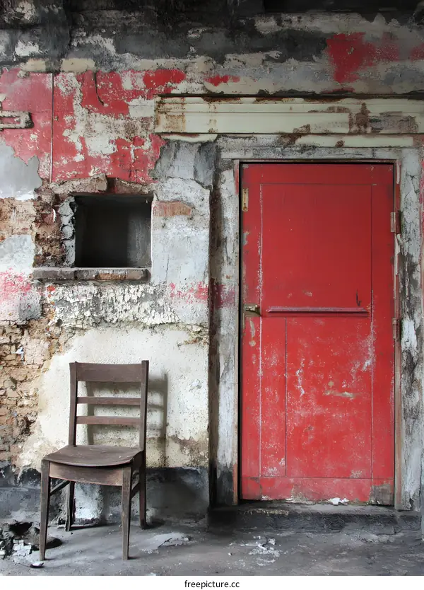 Red Door and Chair in a Decaying Building