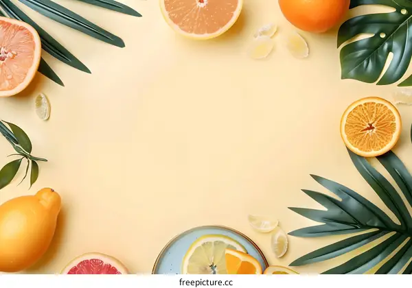 Citrus Fruits and Green Leaves on Yellow Background