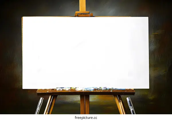 Blank Canvas on Wooden Easel with Paintbrushes
