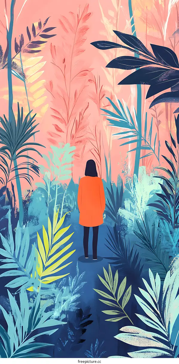 Woman Standing in Lush Tropical Jungle Illustration