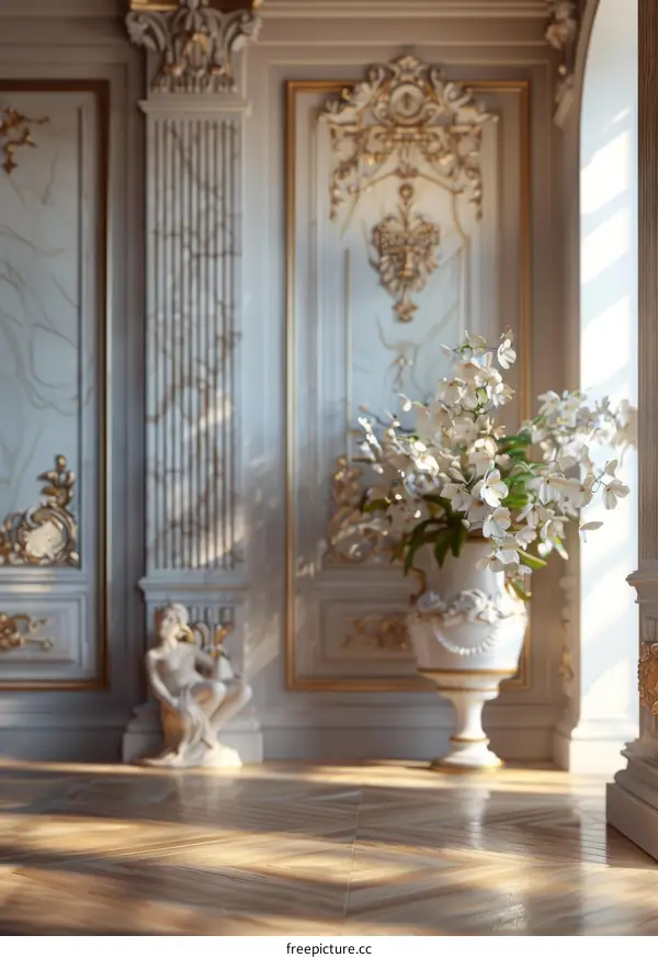 Elegant Interior Design with Classical Sculptures and Flowers