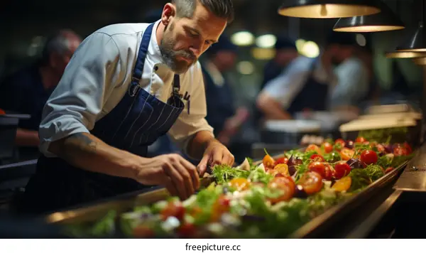 Focused male chef carefully preparing a delicious salad in a commercial kitchen