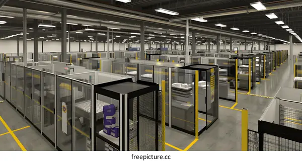 Factory interior with workstations and safety barriers