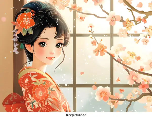 A beautiful Japanese girl with black hair and red kimono standing in front of a window with a cherry blossom tree outside