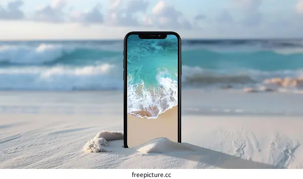 Black Smartphone on White Sand Beach with Ocean Background