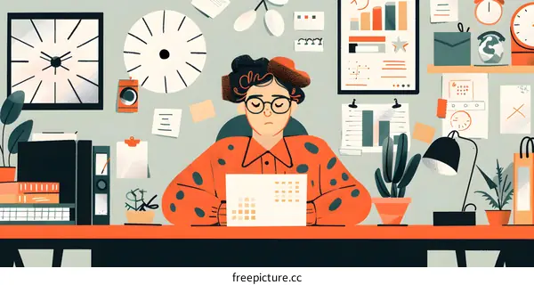 Illustration of a Woman Sitting at a Desk with a Paper, and a Busy Office Background