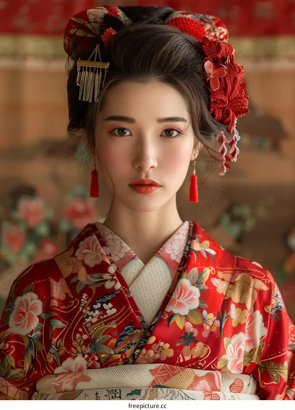 Portrait of a beautiful Japanese woman in traditional kimono