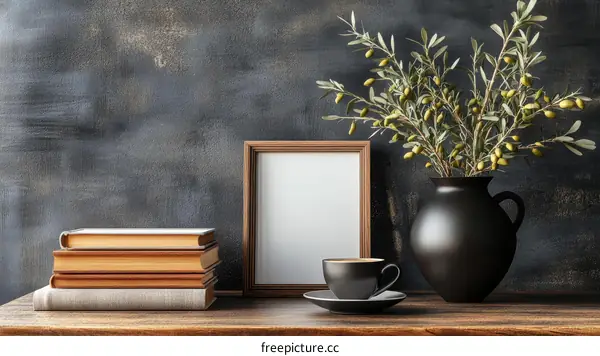 Modern Home Decor with Books, Frame, and Olive Branches