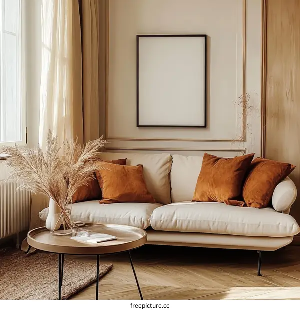 Cozy Beige Living Room with a Blank Frame